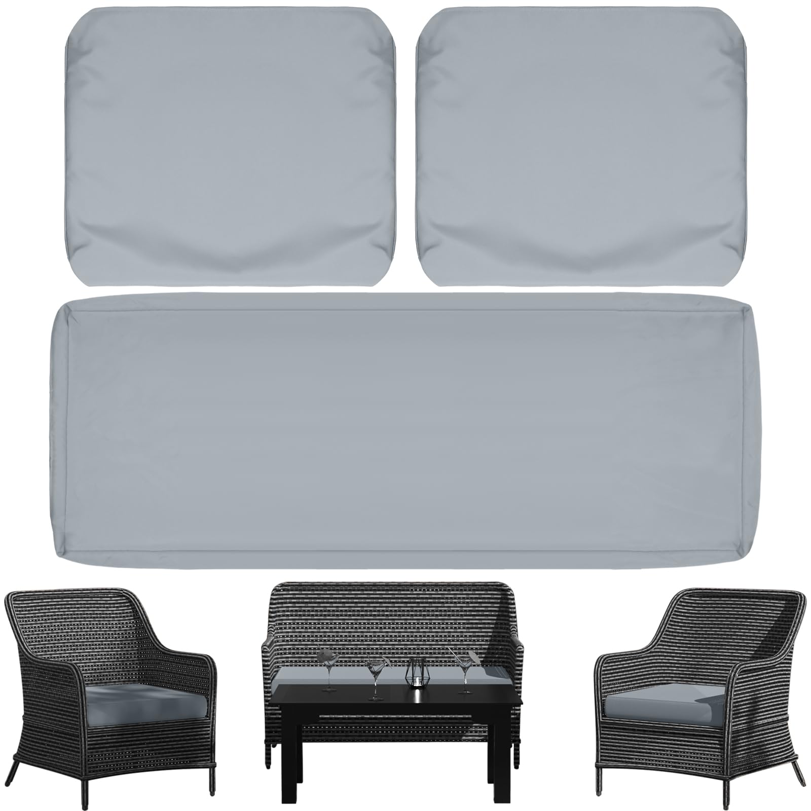 3 Pack Patio Seat Cushions Replacement Covers, Waterproof Outdoor Loveseat Cushion Covers - Anti-slip Wicker Furniture Cushion Covers Fit for 4-Seater Rattan Patio Conversation Sofa Set, 36x18x2-image-15