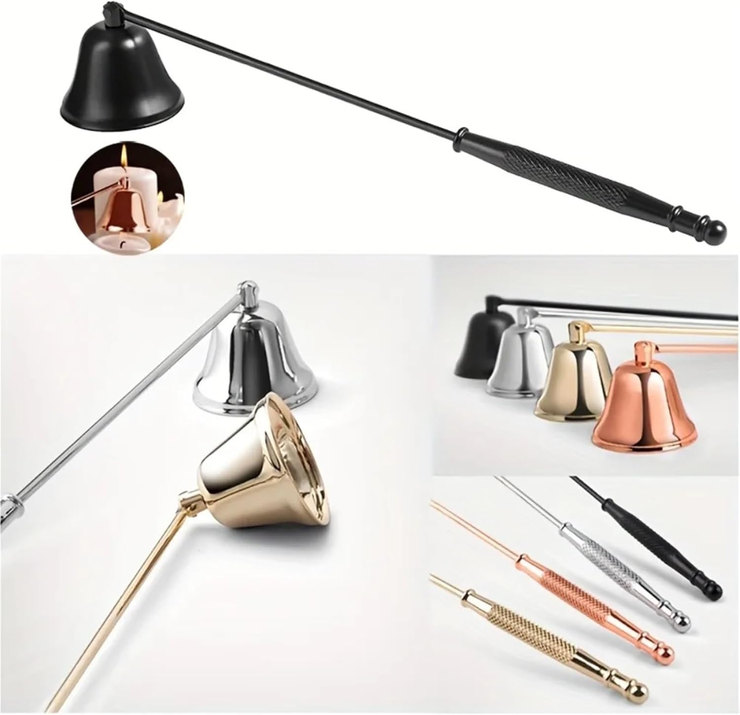 Candle Snuffer 4Pcs Multi Color Long Handle Scented Candle Extinguisher Stainless Steel Small Bell Household Tool(Sliver)