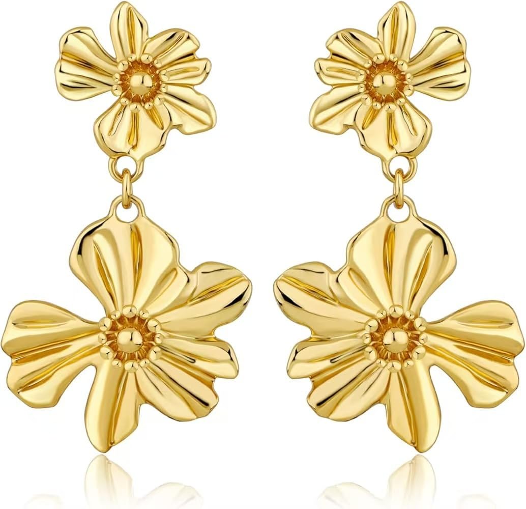 Vergoldete Blumen‑Ohrhänger Damen hypoallergen Statement Tropfen Ohrschmuck | Vergoldete Blumen Ohrhänger hypoallergen hautfreundlich elegantes Design für Alltag Festivitäten und Geschenke