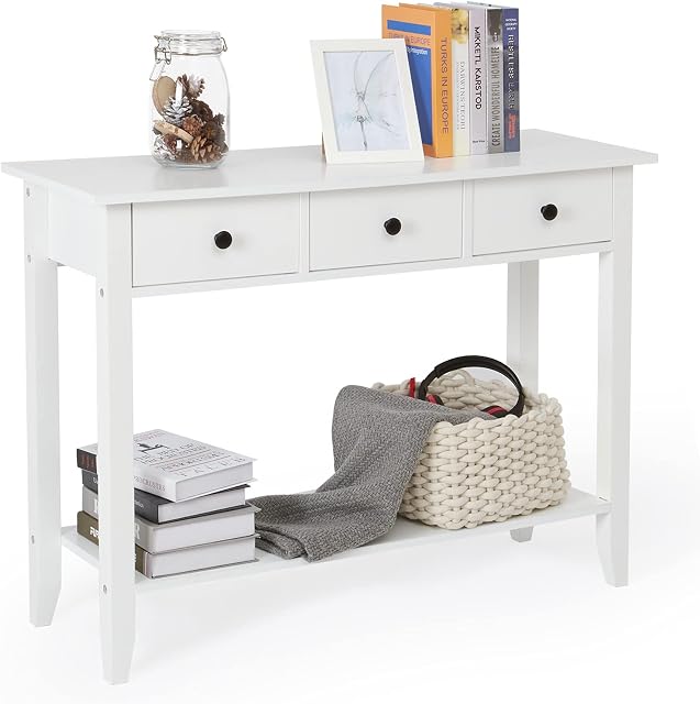 Meerveil Console Table, Hallway Table with 3 Drawers and Shelf Wooden Painted Surface Modern for Entryway Living Room, 100 x 34 x 74 cm, White