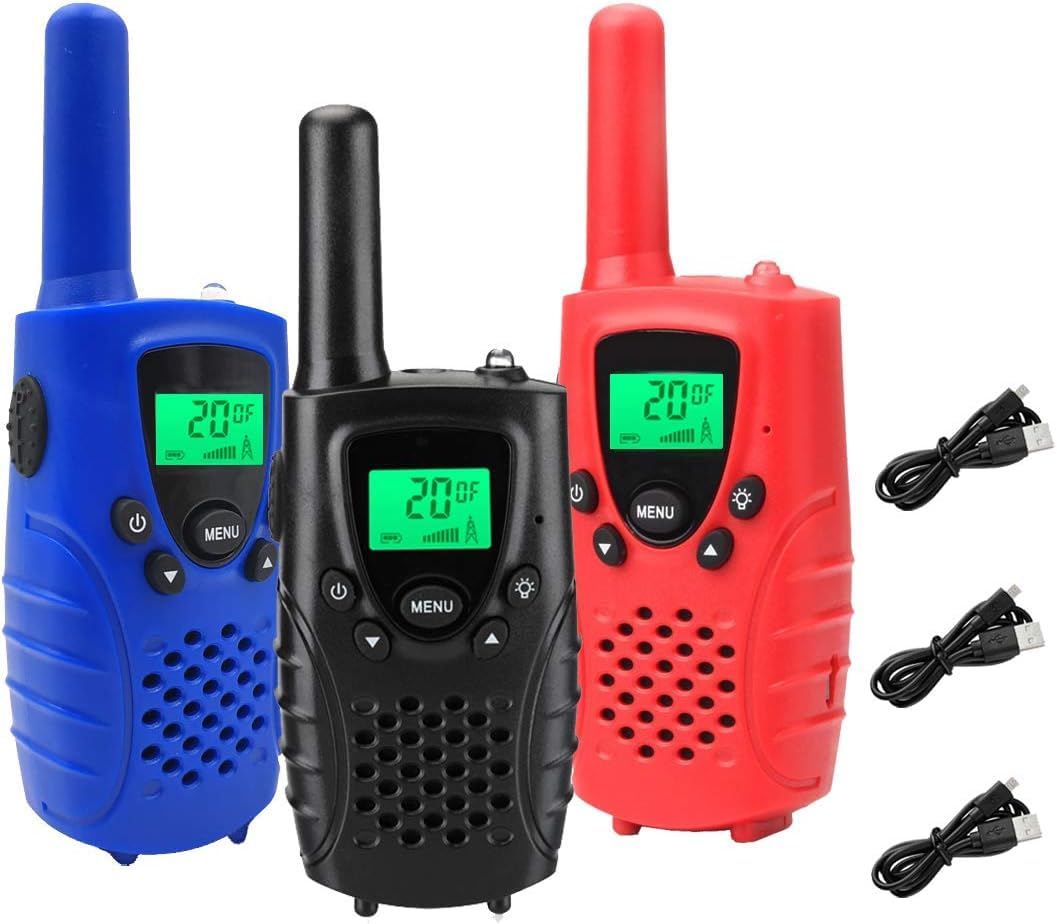充電式 トランシーバー 3台セットT38、USBケーブル付属 免許・資格不要で 特定小電力無線機、屋内と屋外のアクティビティに最適、理想的なホリデーギフト、総務省技術基準適合商品 あり 黒と青と赤