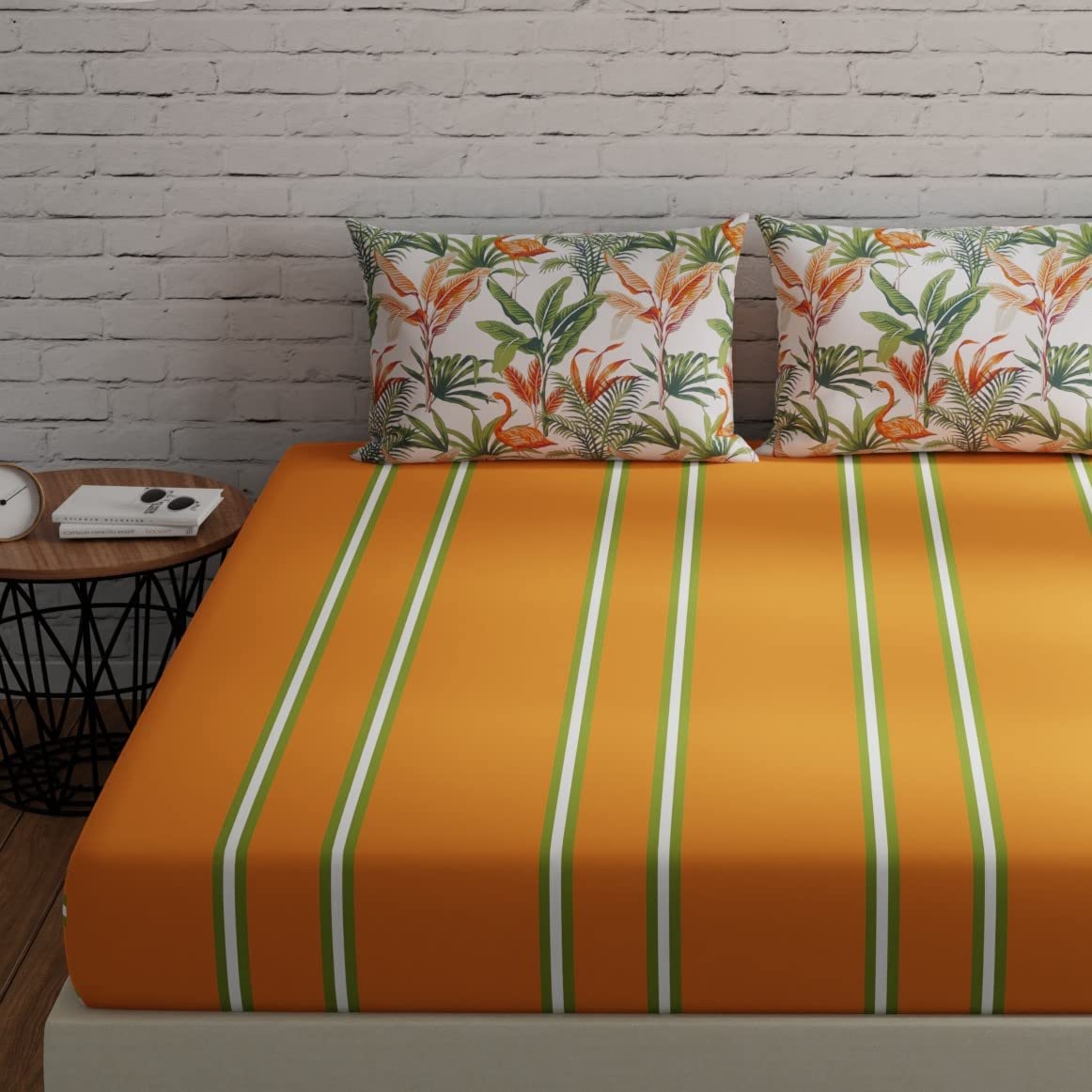 Huesland by Ahmedabad Cotton 144 TC King Size Bed Sheet Cotton with 2 Pillow Covers | 108 x 108 inches | Stripes & Flamingos Orange & Green