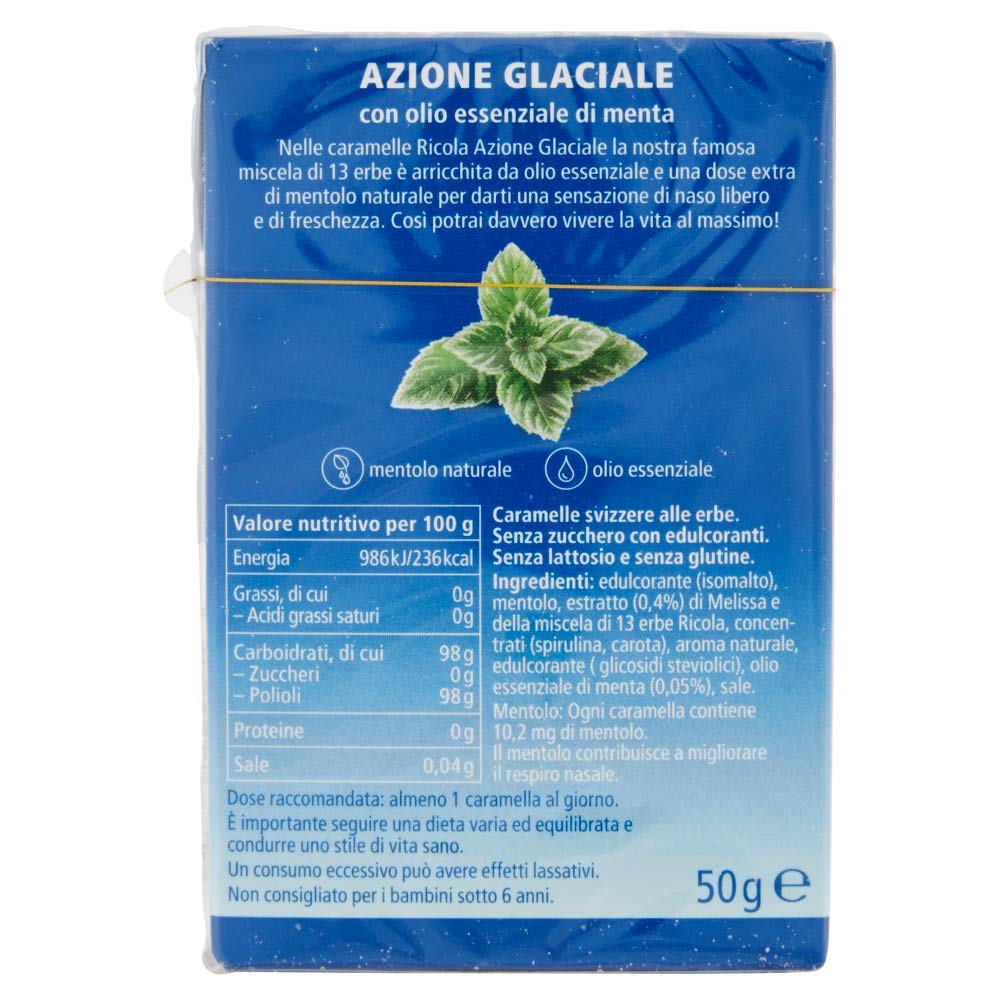 20x Ricola Astuccio Azione Glaciale Limone e Mentolo bonbon Zitrone und Menthol erfrischend ohne zucker box 50g