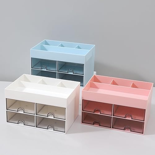 Miniatura 7 de MILULUGO Organizador de escritorio con 4 cajones, organizador de maquillaje, 4 compartimentos para esmalte de uñas, lápiz labial, pinceles, joyas,