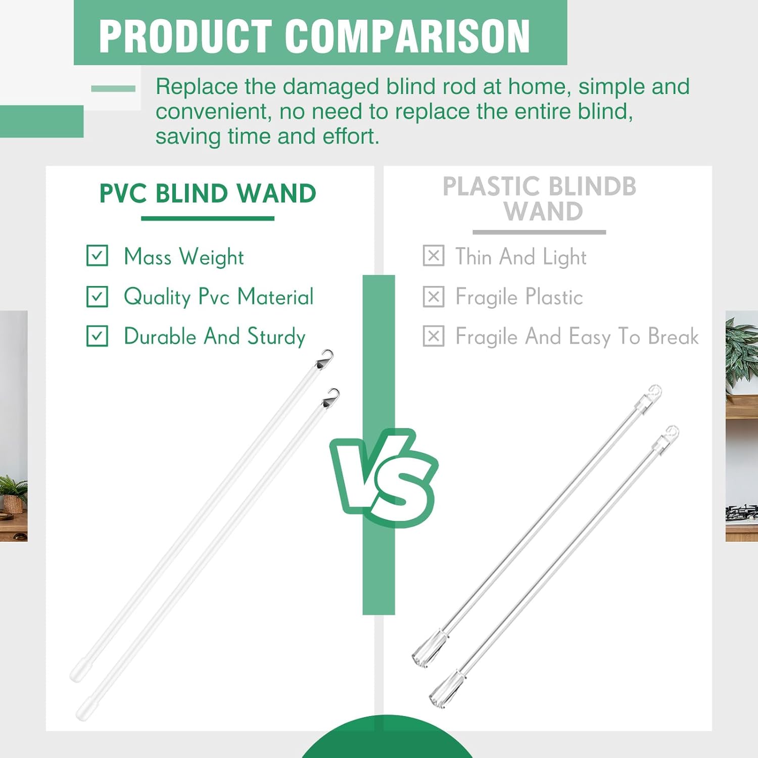 Therwen 2 Pcs White Fiberglass Blind Wand Vertical Long Blind Wand Replacement with Hook and Handle Stick Curtain Rod for Windows Opener Accessory Curtain Door Shades(24 inch)
