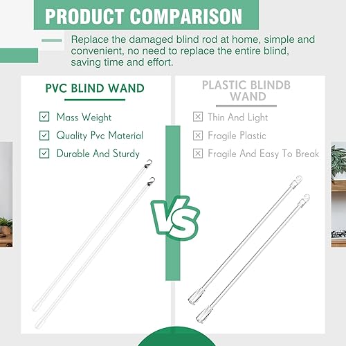 Miniatura 3 de Therwen Varita ciega de fibra de vidrio blanca, 2 piezas de repuesto vertical larga con gancho y asa, barra de cortina para abridor de ventanas,