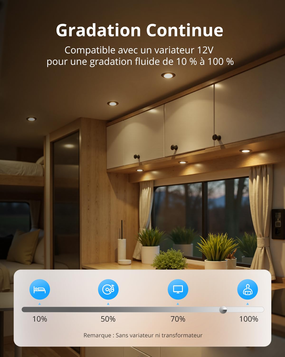 Gr4tec Spot LED Encastrable 12V Noir, 3W Plafond Dimmable 3000K Blanc Chaud 240LM, Alu Spots Encastrable Extra Plat 12mm, Trou 58-62mm, IP44 Spot Encastré pour Camping-car Caravane Bateau, Lot de 6