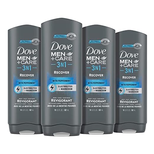 Dove Men+Care Post-Workout 3-IN-1 (Body + Face + Hair Wash) With Peppermint 4 Count Infused with Electrolytes + Magnesium 18 oz