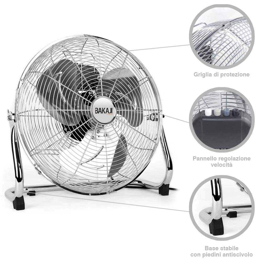 BAKAJI Ventilatore Da Terra In Metallo Potenza 100 Watt Con Pale 50 cm in Alluminio Inclinabili e Motore a 3 Velocità