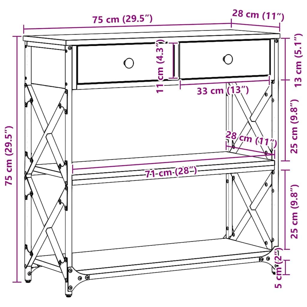 vidaXL Table Console avec tiroir chêne Artisanal 75 x 28 x 75 cm, Table d'appoint pour Salon, Cadre en Acier rectangulaire, Rangement Chic pour Couloir, unité d'affichage en Bois Robuste