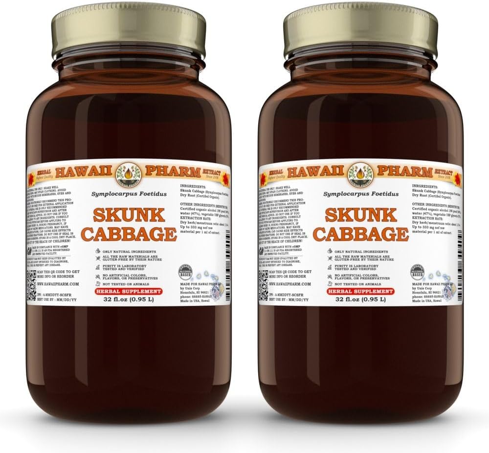 Skunk Cabbage Liquid Extract, Skunk Cabbage (Symplocarpus Foetidus) Root Powder Tincture, Herbal Supplement, Hawaii Pharm, Made in USA, 2x32 fl.oz