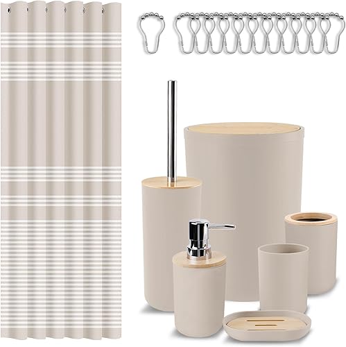 Miniatura 9 de Juego de accesorios de baño - 19 piezas Juego de baño negro con cortina de ducha, cubo de basura, soporte para cepillo de inodoro, soporte