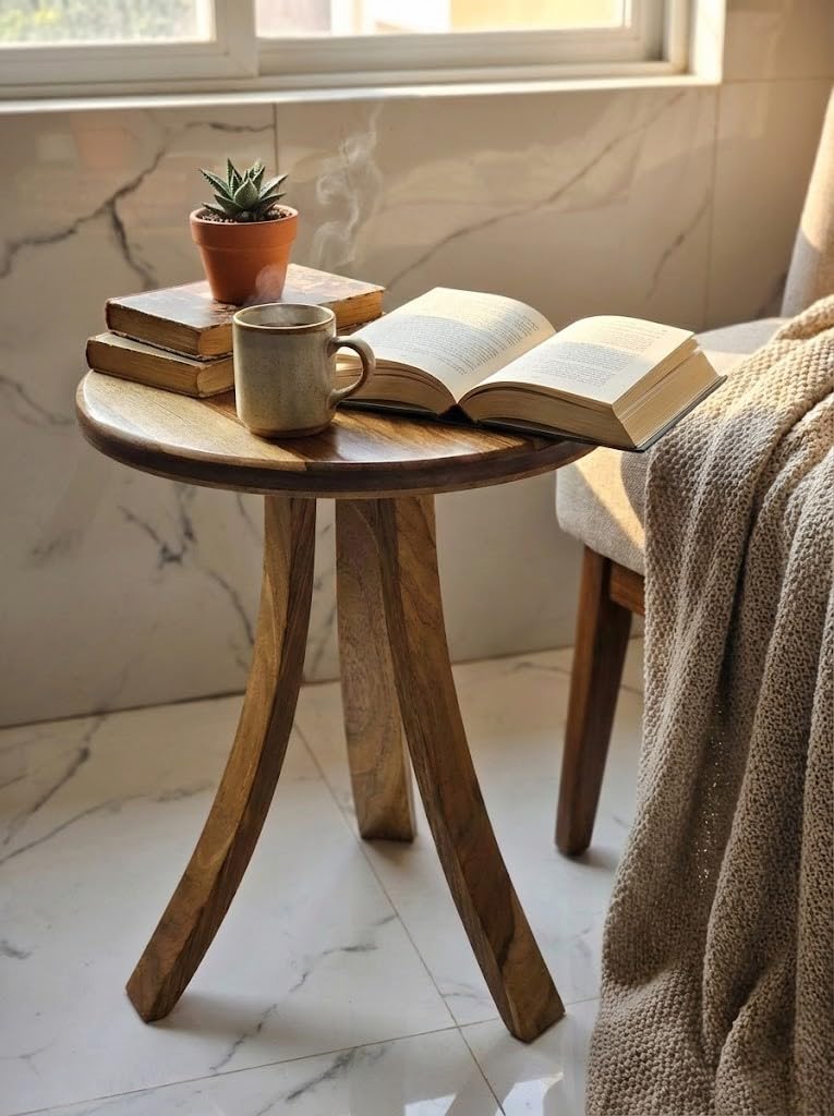 BTC Brand Name Dual-Tone Solid Wood Round Side Table (14-20 Inch) - Modern Curved Leg Coffee Table, Plant Stand & Nightstand | Portable Decor for Living Room (Teak Finish) (14" Dia x 16" H Inches)