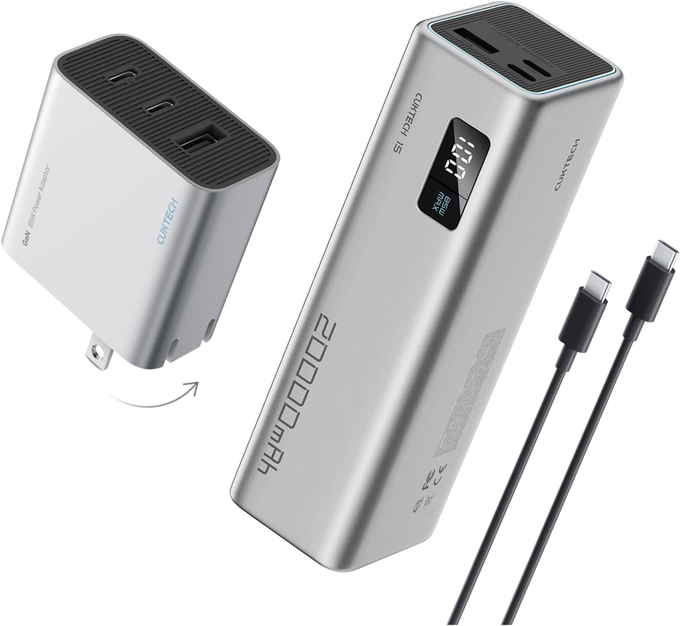 CUKTECH 65W USB C Charger+65W 20000mAh Power Bank Combo, 3-Port Compact and Foldable Fast Charger Block, Fast Charging Battery Pack for iPhone 16/15, Samsung Galaxy, Google Pixel, and More