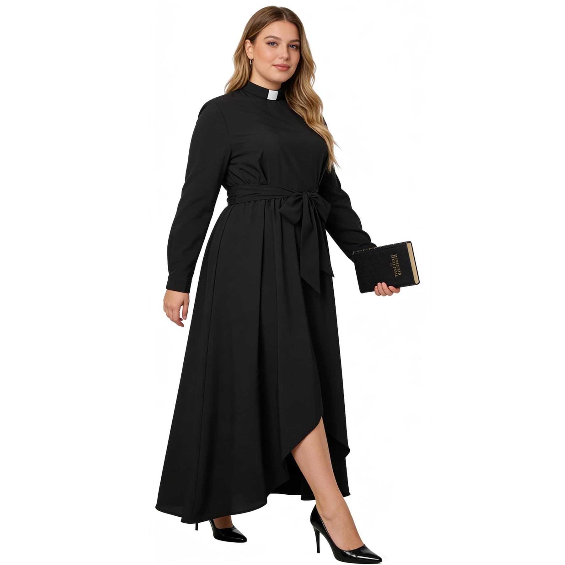 Sukienka kościelna dla kobiet z długim rękawem, luźna, elegancka sukienka maxi dla duchownych z zakładką, kołnierz i paski, Czarny, 5XL