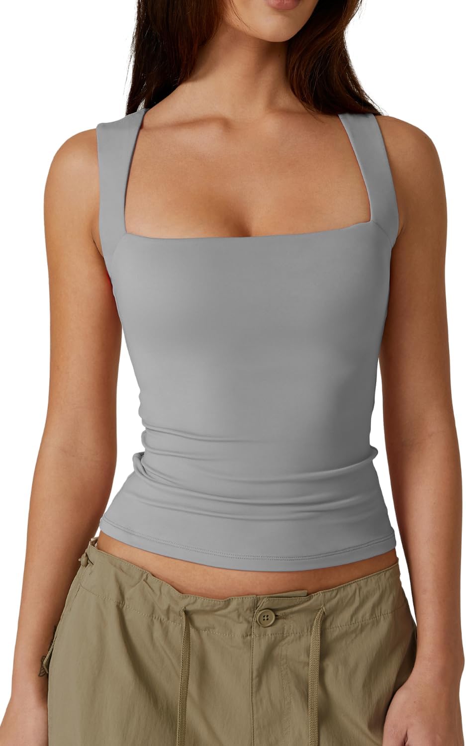QINSEN Women's Square Neck Sleeveless Double-Layer Tank Tops Basic Tight T Shirts