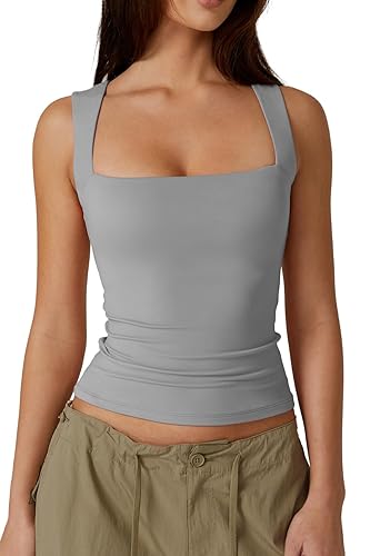 QINSEN Women's Square Neck Sleeveless Double-Layer Tank Tops Basic Tight