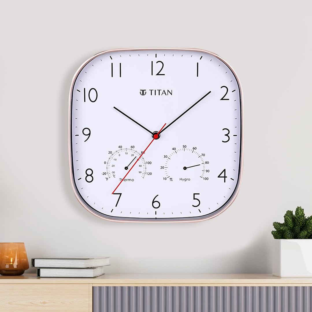 Titan Wall Clock with Thermometer & Hygrometer, Silent Sweep Movement, 28 x 28 cm Squircle, White Dial, Arabic Numerals, Matte Rose Gold Plastic Case-image-31