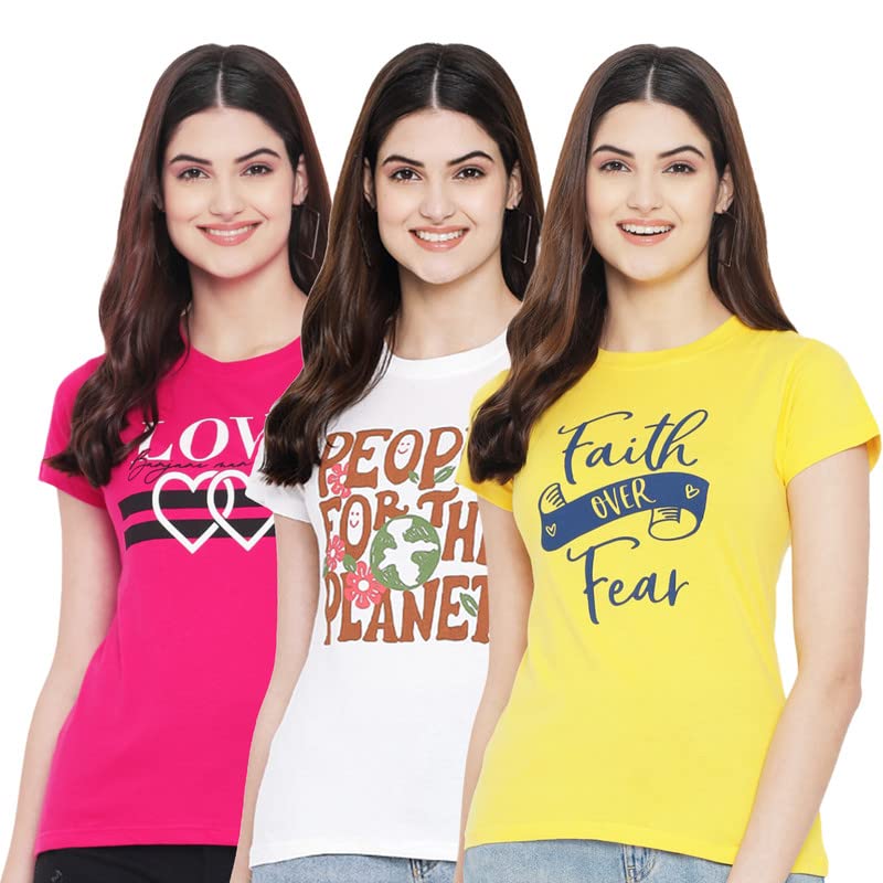 Image of Preneum Women's Cotton Regular Fit Graphic Stylish Printed Short Sleeves Casual T-Shirt || Trend & Style (Pack 3)