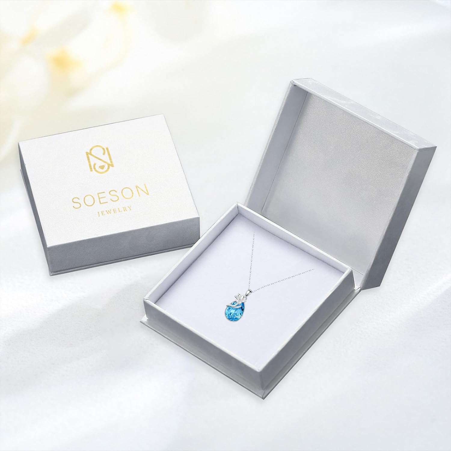 925 Sterling Silver Birth Flower Necklace with Teardrop Shaped Birthstone - 12 Colors, 12 Kinds of Flower - Ideal Birthday Jewelry Gift for Women, Mothers, Daughters & Wives