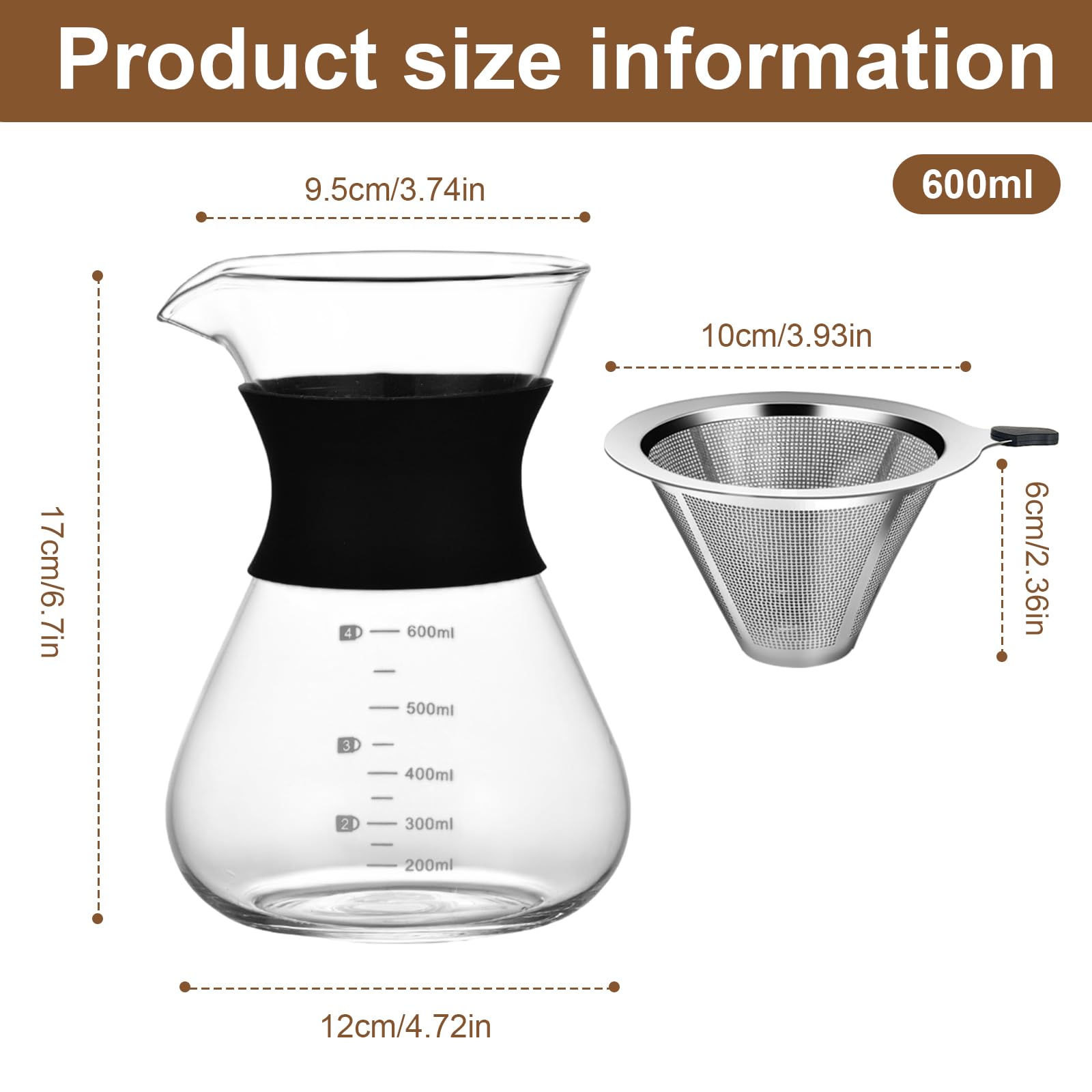 Caffettiera in Vetro 600ml, Macchina da Caffè Americana a Goccia Manuale, Pour Over Coffee Maker con Filtro Permanente in Acciaio Inossidabile Riutilizzabile, per Caffè Casa Ufficio