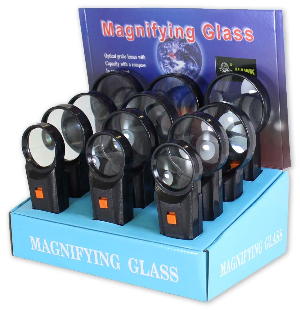 12 Piece Illuminated Magnifier Display With 3 In Each Of 2 Sizes, And 6 In The 3