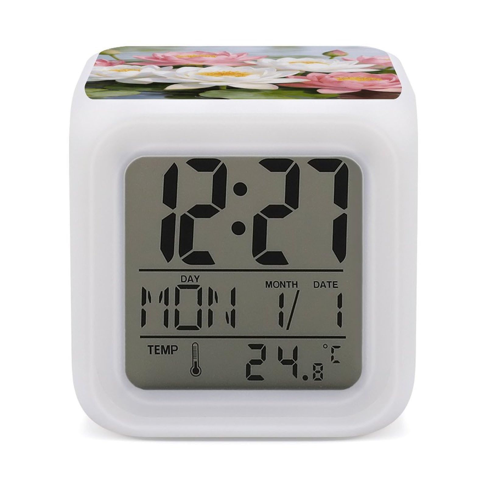 LZQPOEAS - Clear pond lotus rhythms alarm clock with 7 colors changing night light for bedroom, calendar, temperature display, alarm clock, digital clock