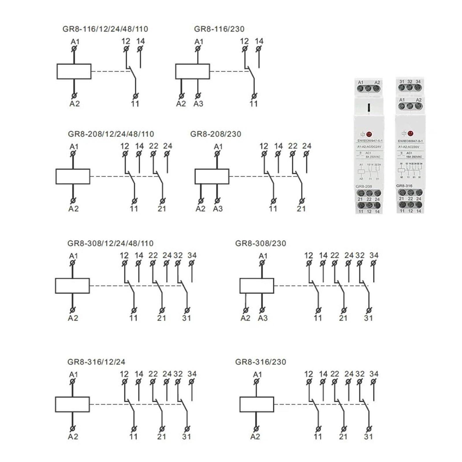 relè GR8 AC110V 230V Relè Intermedio Relè ausiliario 8A 16A SPDT Interruttore relè elettronico(AC230V,GR8-208)