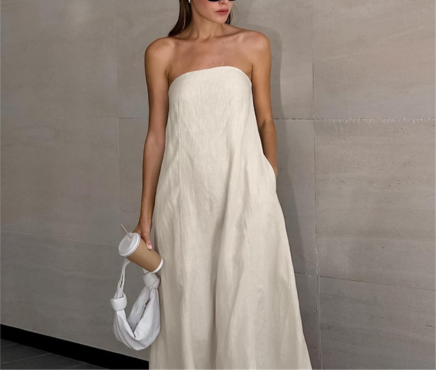 QNI Linen Dress Tube Top Maxi Dress with Pocket Strapless Loose Fitting Dress Swing Dress Summer Dresses for Women (Khaki,Small) - Image 3