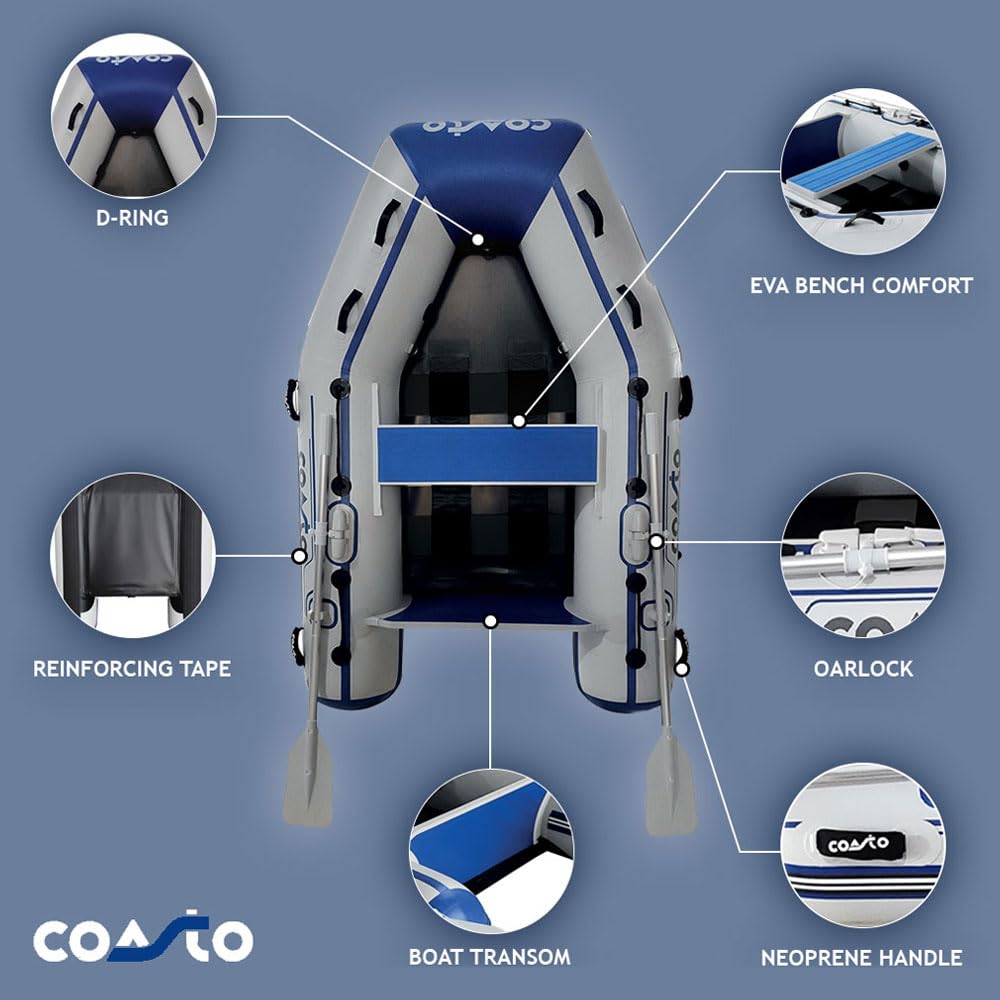 Coasto - Annexe Gonflable Slat 200 - BT-CSL200C Bateau Pneumatique Plancher Latte Carbone - 2 Places, 200x130cm - Design, Confort, Solide - Pack 2 Pagaies, Pompe et Sac de Transport - White Blue