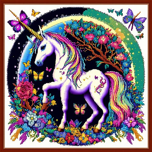 Image of Dimensean Stamped Cross Stitch Kits Full Range of Embroidery Patterns Starter Kits for Beginners Adult DIY Cross Stitches Needlepoint Kits 11CT-Unicorn Flowers 17.7x17.7 inch