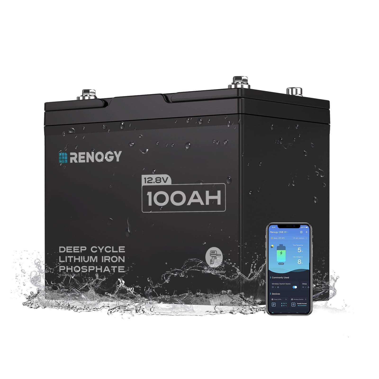 Renogy 12V 100Ah Trolling Motor LiFePO4 Lithium Battery, Bluetooth &amp; 100A BMS, IP67 Waterproof, Group 24 Deep Cycle Battery for Marine, Boat, RV, Off-Grid Backup