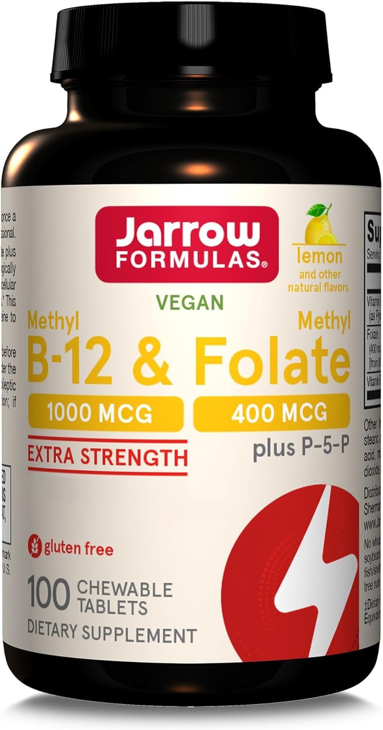 Jarrow Formulas, Méthyl B12, 1.000mcg/Méthyl Folate 400mcg, Dépôt à 2 Jours, Goût Citron, 100 Comprimés végétaliens, Sans Gluten, Végétarien, Sans Soja, Sans OGM