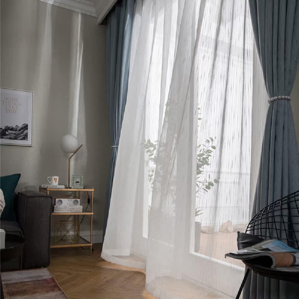 Simple Style Transparents Panel Sheer Curtains Rod Pocket Gauze Drape for Living Kids Nursery Room Bedroom Stripes Jacquard