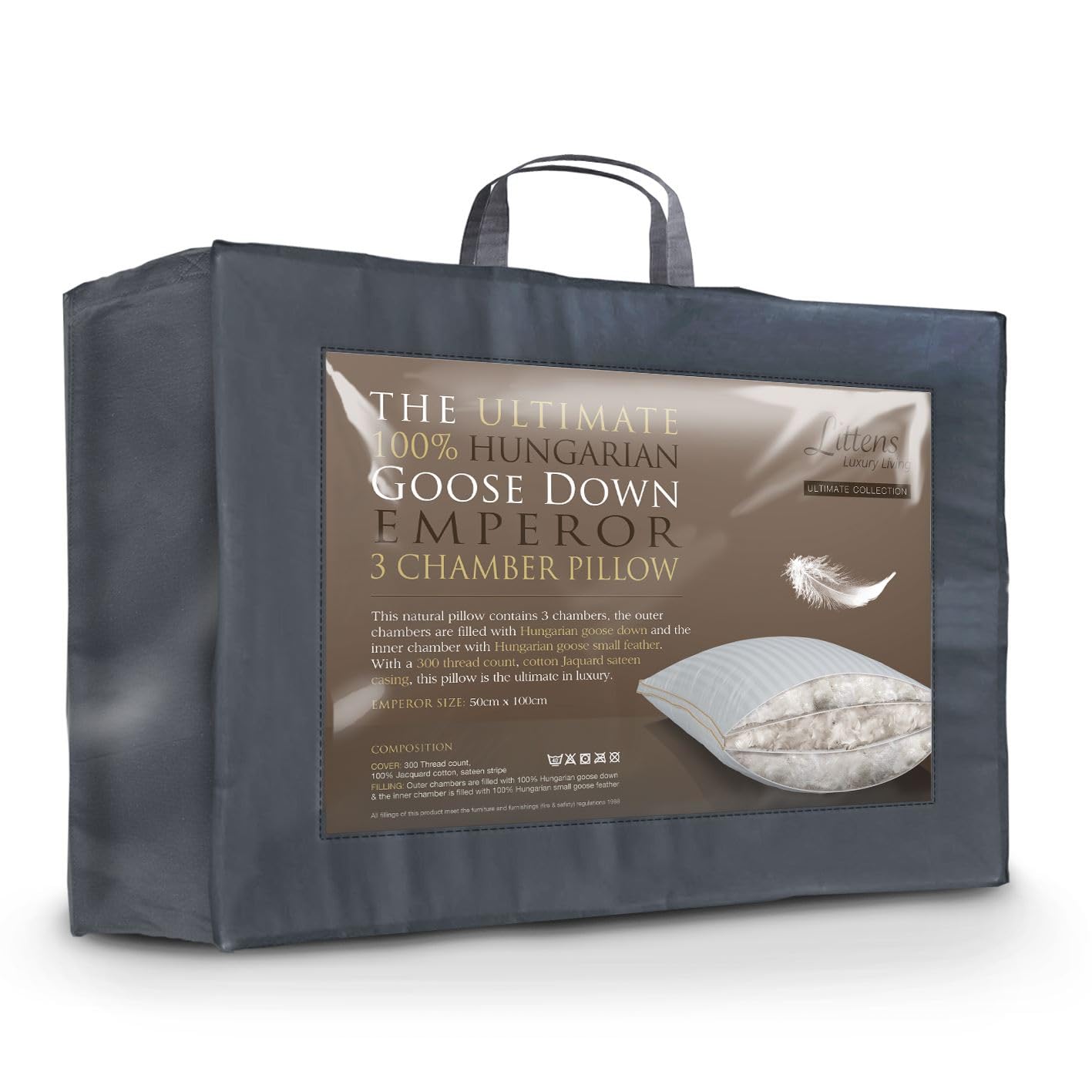 Littens Emperor Size 3 Chamber Pillow, Ultimate Hungarian Goose Down, Side Sleeper, Support, 300TC Cotton, 50cm x 100cm (20" x 40")