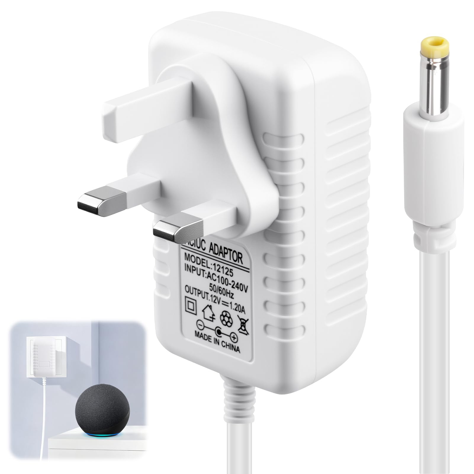 15W Power Supply Charger 12V 1.25A for Alexa Echo Dot 3rd 4th 5th Gen 2M 4.0*1.7mm Cable Adapter Replacement for Kids Edition Show 5 1st 2nd Gen Echo Dot with Clock Dot Spot Pop Fire TV Charging Cord — view 7