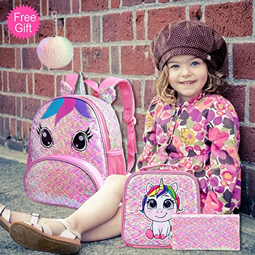 3Pcs Unicorn Backpack For Girls, 12" Toddler Sequin Preschool Bookbag And Lunch Box - Pink #TOP1