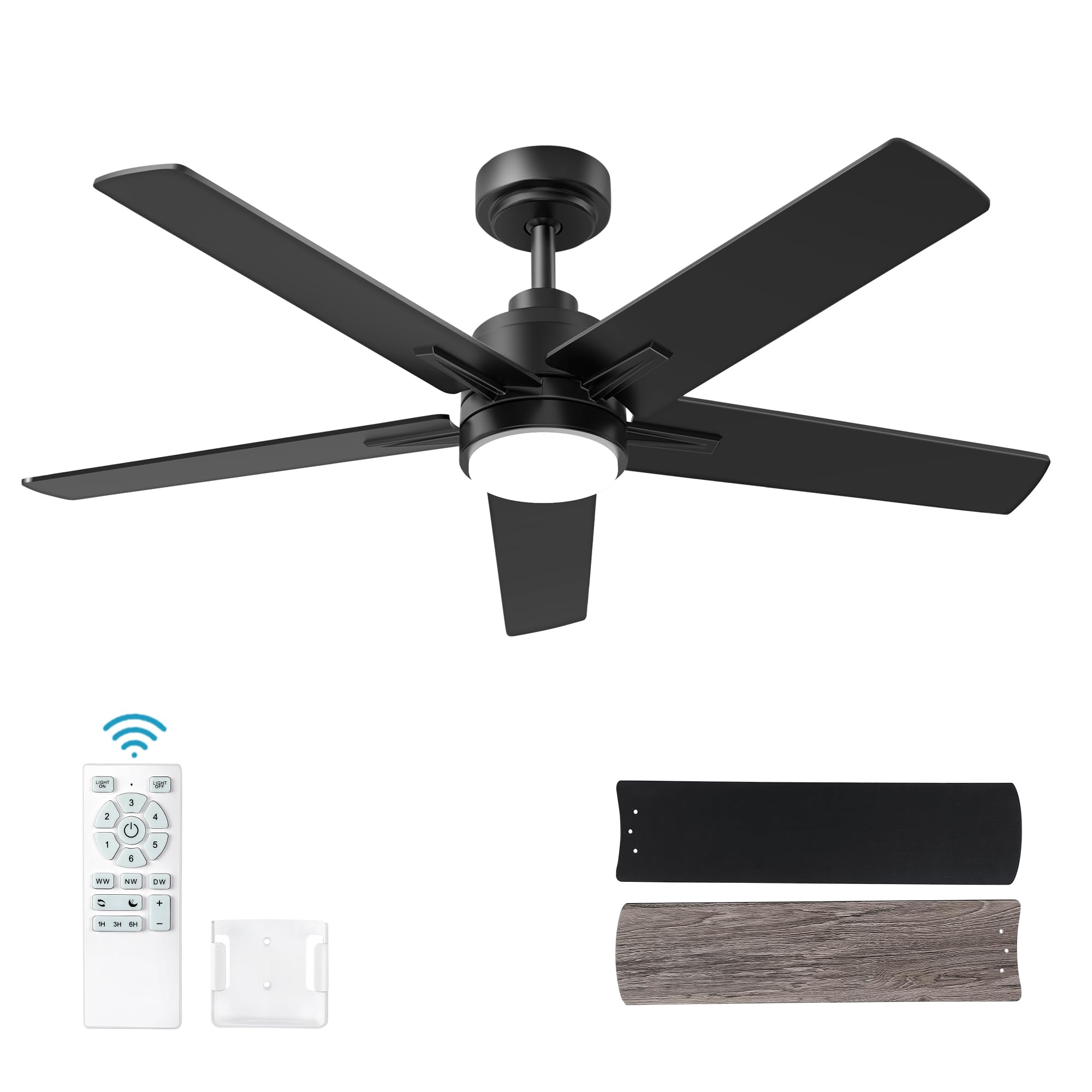 52 inch black ceiling fan with light and remote control,dimmable 3 color temperatures led ceiling fan,6 speeds reversible dc motor,5 blades modern ceiling fans for indoor or covered outdoor