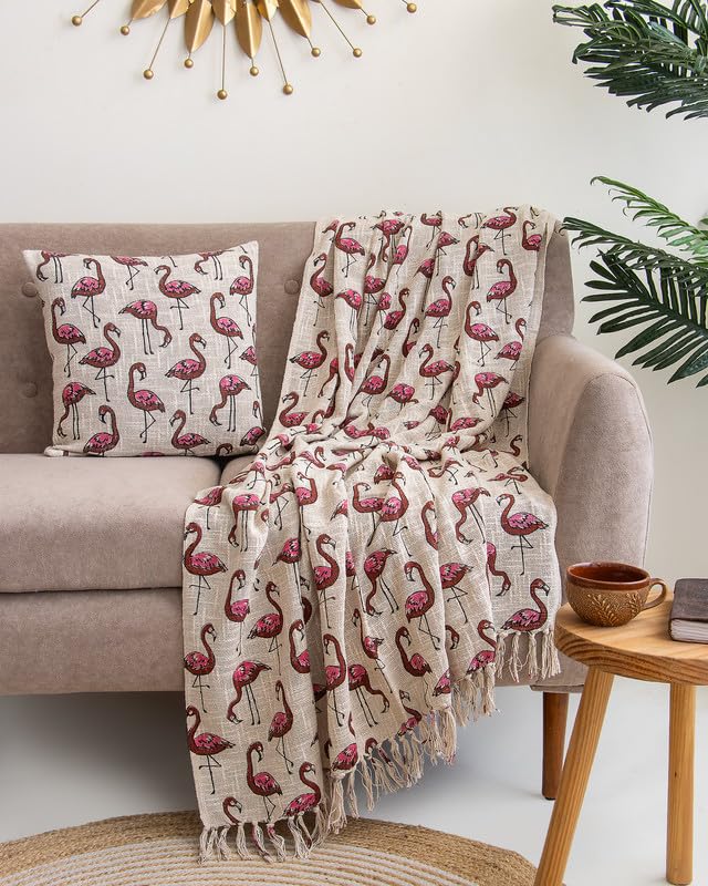 DMAASA Flamingo Printed Cotton Throw Blanket (50x70 Inches) with 2 Pcs Cushion Cover(16x16 Inch) Soft Lightweight Sofa Thrower for Couch, Living Room & Bed (Pack of 3)