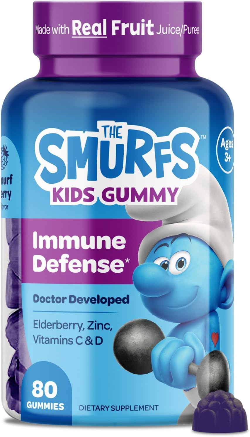 The Smurfs Immune Support Supplement Vitamins for Kids with Elderberry, Zinc, Vitamin C & D for Immune Defense Age 3+ | Made with Real Fruit in a Smurf Berry | Doctor Developed & Non-GMO | 80 Gummies