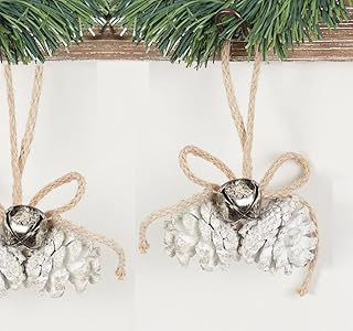 Group of 6 White Shimmering Tipped Pinecone and Bell Ornaments by Factory Direct Craft - Pinecones for Christmas Decorating and Holiday Displays