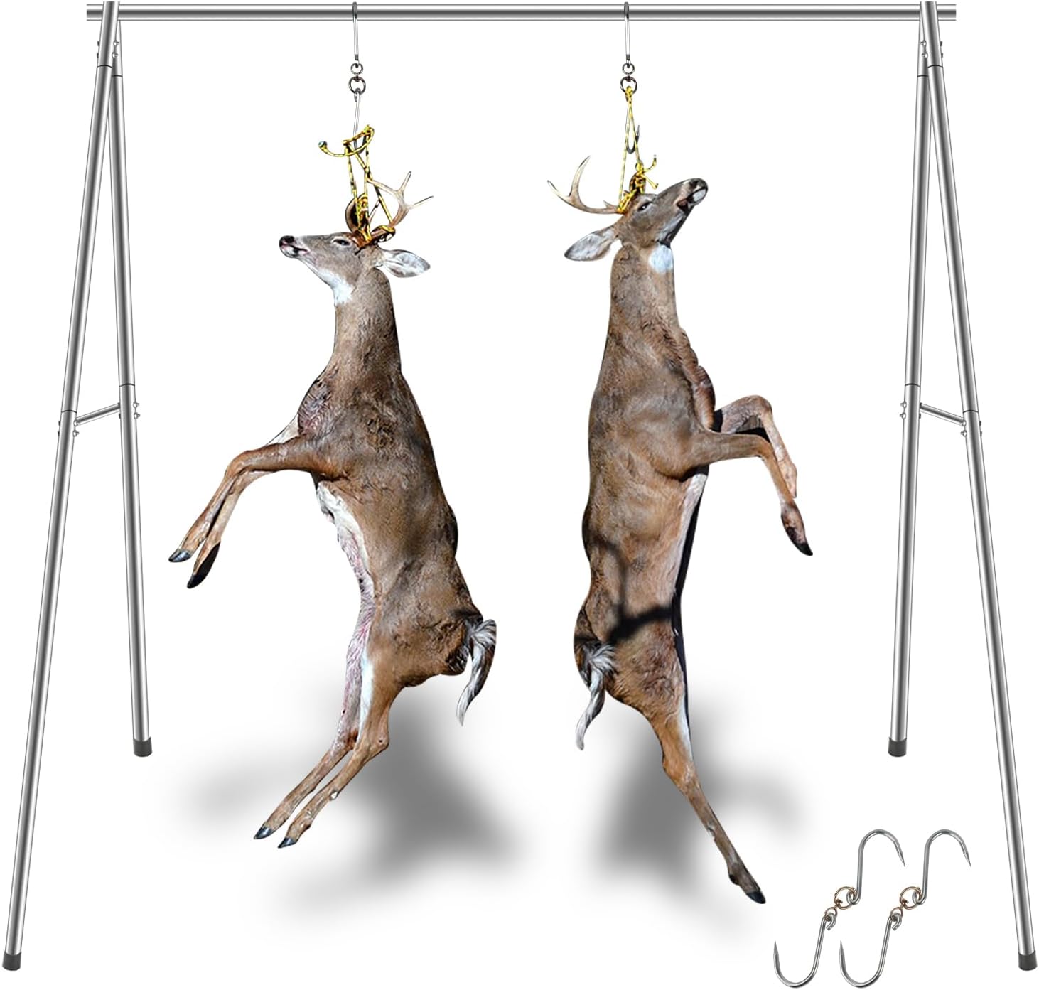 Deer Game Hanger Hoist, Tripod Deer Hanging Stand, Deer Skinning Rack with 2 Meat Hooks for Hunting and Fishing, Animal Skinning, Dressing and Butchering - Heavy Duty