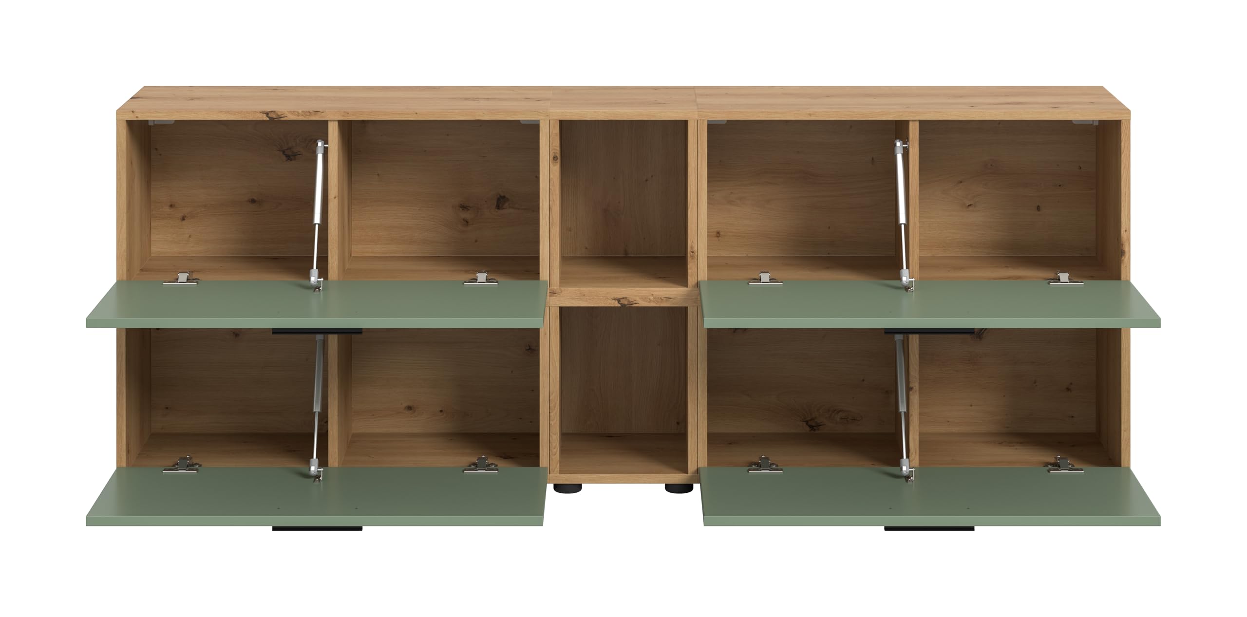 xonox.home – Wohnkombination The One 176x67x34 cm in Artisan Oak und Smoke Green – Kompakte Wand mit 4 Klappen – 10 Fächer bieten viel Stauraum & eine beruhigende Farbkombination für den Raum