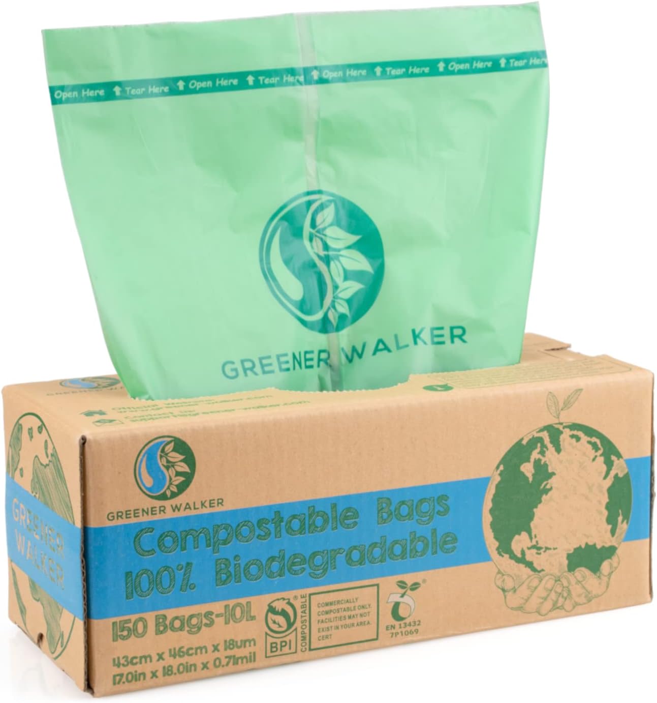 Greener Walker 10L-150Bags 100% Compostable Biodegradable Bin Liners 6L/10L/30L Food Waste Bags with EN13432 Certificate Caddy Kitchen Bin Liners