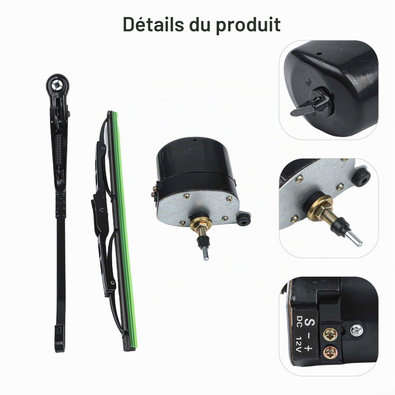 Moteur et bras d'essuie-glace 12 V avec assemblage de lame de 300 mm, angle de grattage réglable de 45 à 120 degrés, compatible avec bateaux, camping-cars, tracteurs, caravanes, VTT et UTV