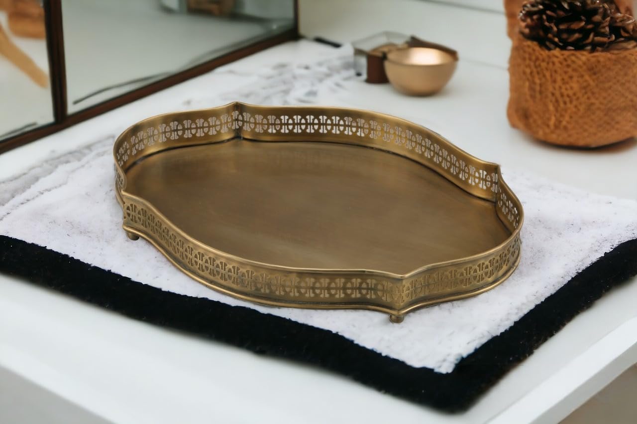 GRD International Brass Antique Tray for Serving-15x11 Inch-Serving Tray Set for Decoration-Tea Coffee Tray,Stylish Brass Antique Finish, Shape- Oval