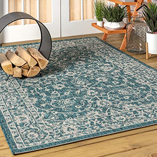 Image of JONATHAN Y Vine and Border Indoor Outdoor Area Rug 9X12 Teal /Gray, Palazzo Textured Weave for Backyard, Patio, Porch, Easy-Cleaning, High Traffic, Pet-Friendly, Non-Shedding (SMB103B-9)