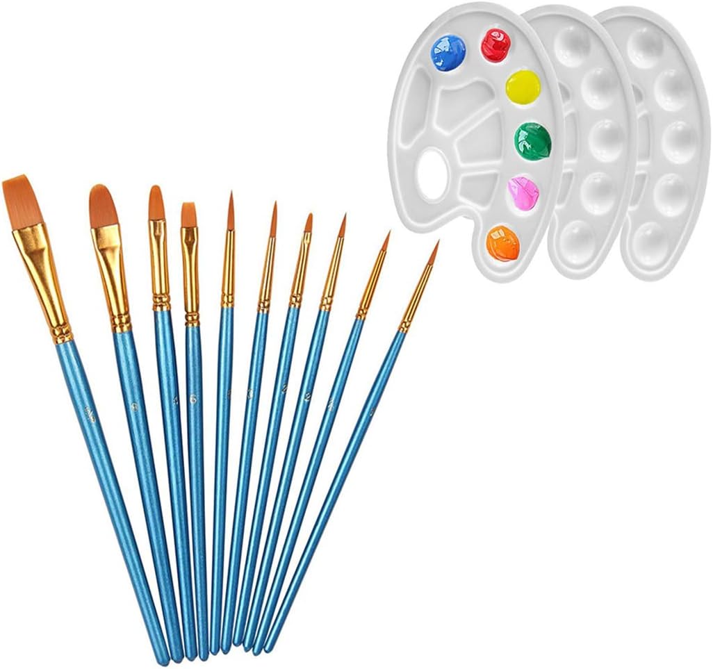 YOBAYE 10Pieces Round Pointed Tip Nylon Hair Brush Set With 3 Piece Paint Tray Palette