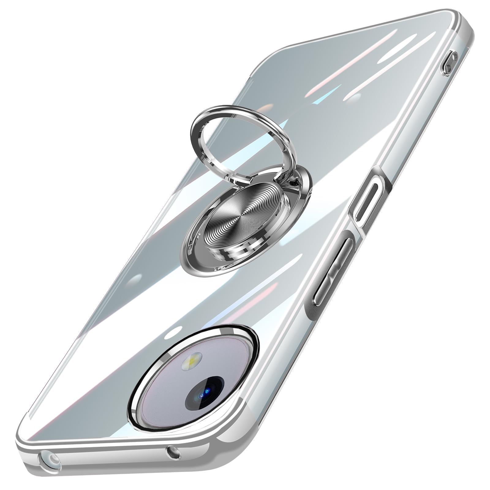 AQUOS wish4 用 ケース クリア リング付き アクオス wish4 / SH-52E カバー 透明 おしゃれ OURJOY スマホケース メッキ加工 ソフトケース 耐衝撃 軽量 薄型 ストラップホール付き スタンド機能 車載ホルダー対応 携帯ケース・シルバー
