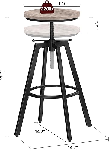 Miniatura 3 de Taburetes de bar, sillas de bar redondas con marco de metal resistente, juego de 2 taburetes de bar industriales, altura ajustable, taburetes de
